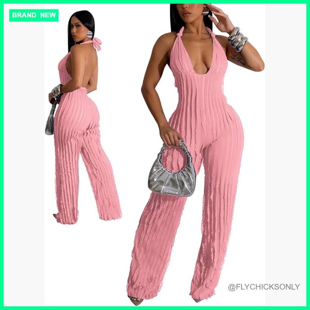 Polyester Spandex Backless V Neck Halter Jumpsuit Wide Leg Romper